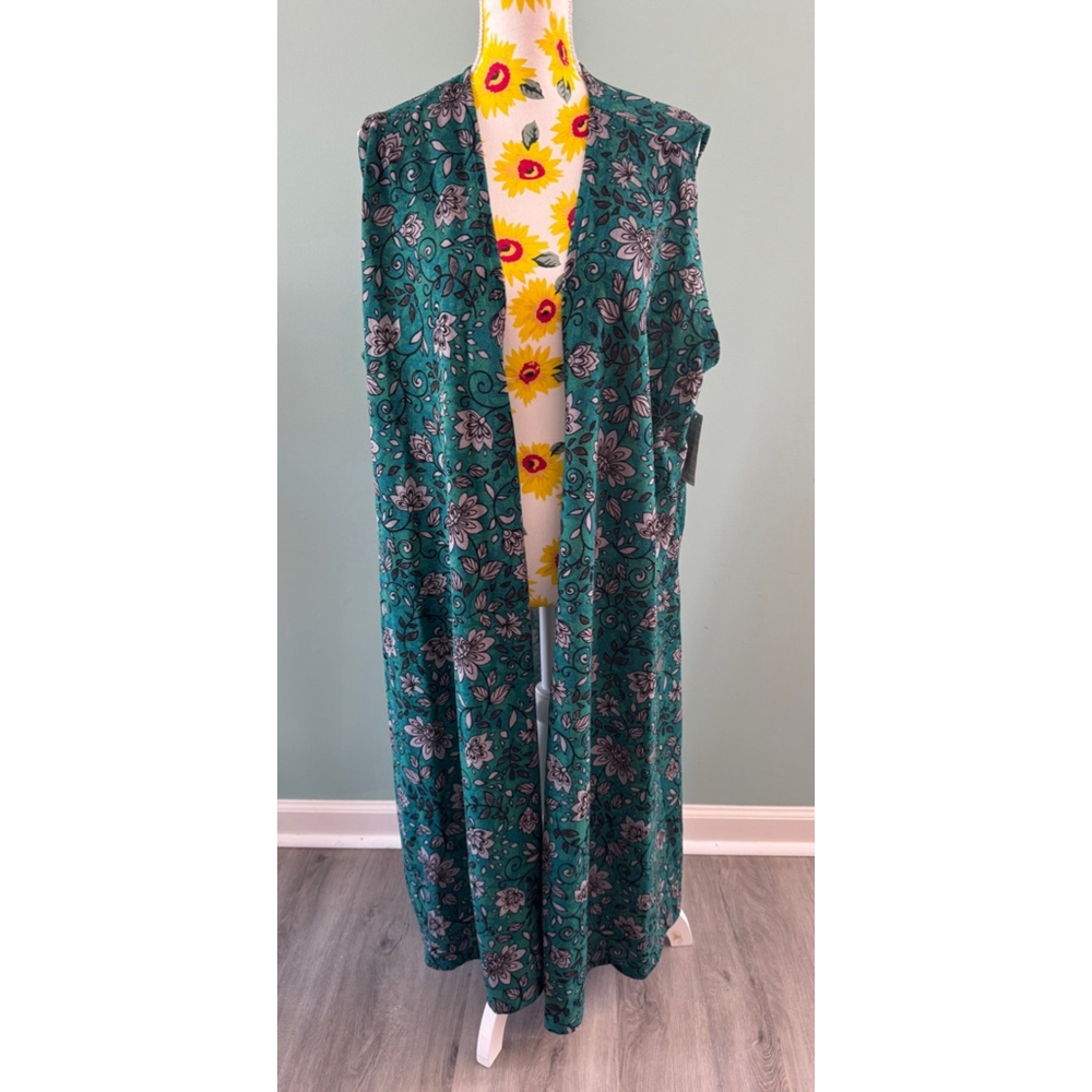 Women's LuLaRoe Joy Vest XL Teal Floral Sleeveless Duster